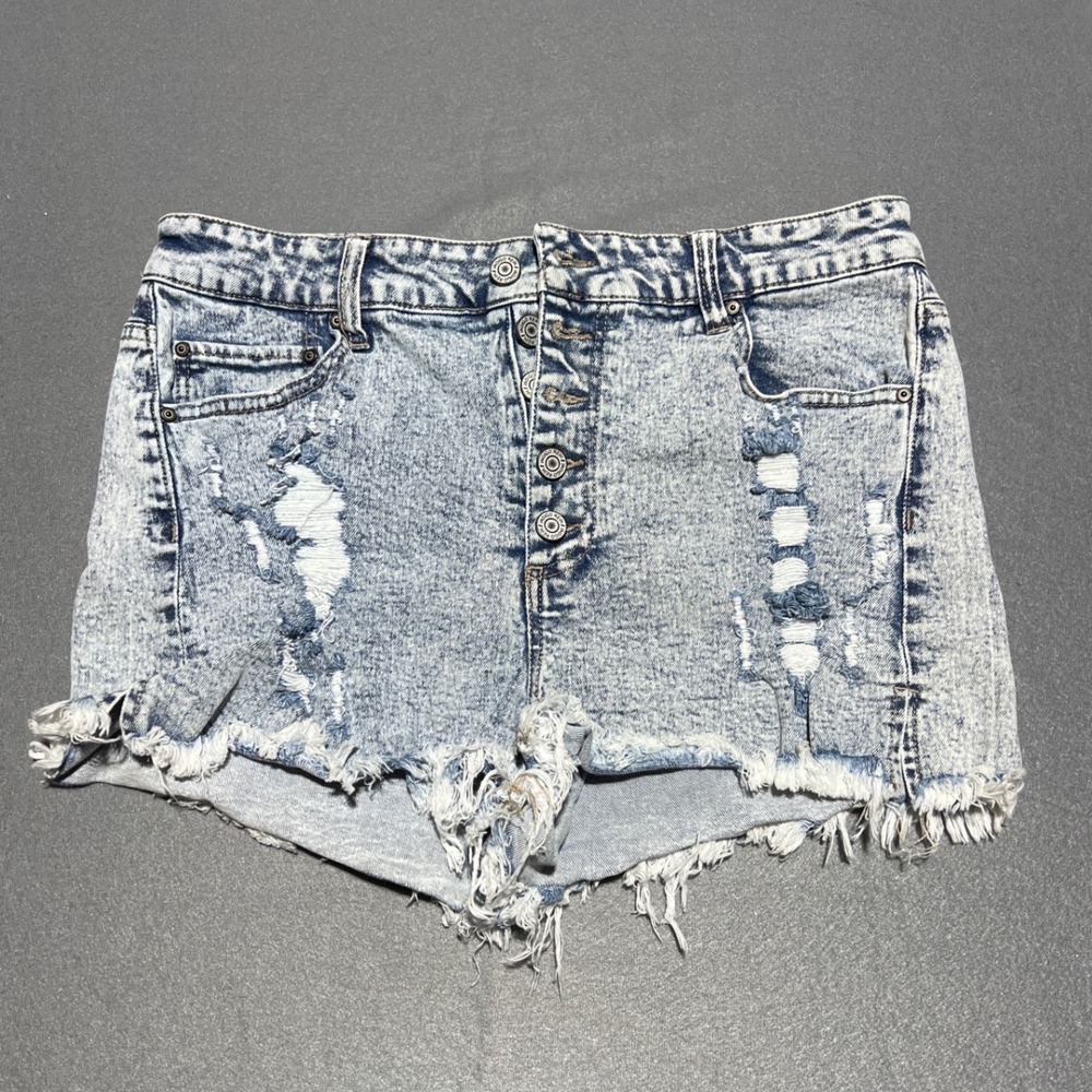 Indigo Rein Distressed Acid Wash Denim Shorts Button Fly Size 13/30 High Rise